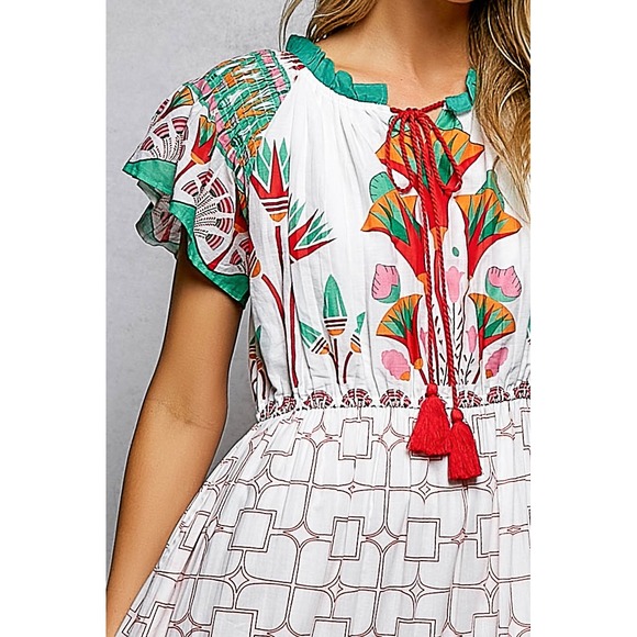 POL Hand Block Printed Cotton Tiered Midi Dress Flutter Sleeve Floral MEDIUM - Picture 8 of 8